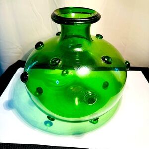 Vintage Handblown Flared Round, Green Glass Vase With Applied Glass Polka Dots